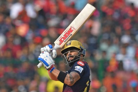 Royal Challengers Bangalore's Virat Kohli plays a shot during the Indian Premier League match against Delhi Capitals at the M Chinnaswamy Stadium in Bengaluru.