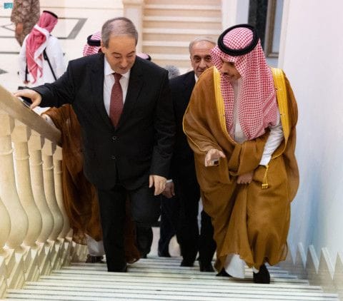Syrian Foreign Minister Faisal Mekdad (left) meeting with Saudi Foreign Affairs Minister Prince Faisal bin Farhan in Jeddah.
