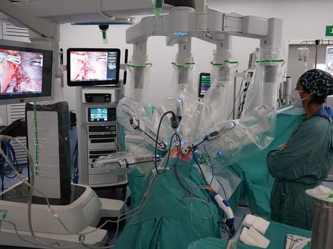 Medical staff from Vall d'Hebron University Hospital conducts a robotic lung transplant only with the use of endoscopy, in Barcelona, Spain.