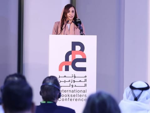 Sheikha Bodour Al Qasimi, Founder and CEO of Kalimat Group, and Immediate Past President of International Publishers Association, during her opening keynote at the conference at Expo Centre Sharjah on Monday