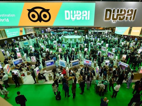 Visitors during the Arabian Travel Market 2023 at Dubai World Trade Centre in Dubai.