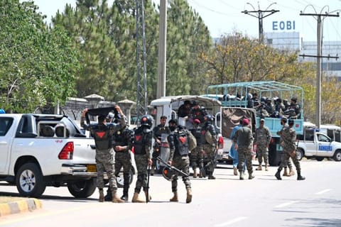 Rangers cordon off the High Court for the arrival of Pakistan's former Prime Minister Imran Khan in Islamabad on May 12.