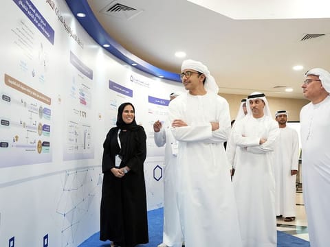 Sheikh Abdullah bin Zayed Al Nahyan (front centre), Minister of Foreign Affairs and International Cooperation and Chairman of the Education and Human Resources Council, at the HCT Dubai Men’s campus on Saturday