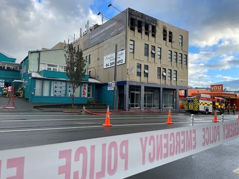 The exterior of a hostel, after a fire ripped through the building, resulting in a number of deaths, in Wellington, New Zealand May, 16, 2023.