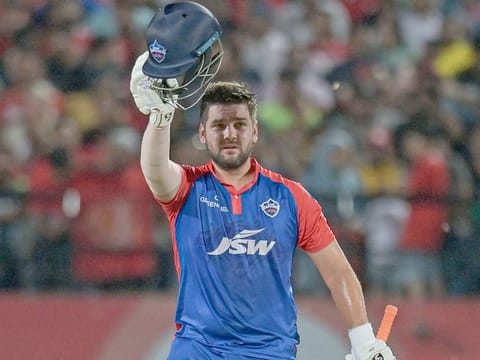 Delhi Capitals' Rilee Rossouw celebrates scoring a half century during the IPL match against Punjab Kings at the Himachal Pradesh Cricket Association Stadium in Dharamsala on May 17, 2023.