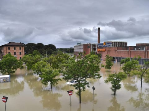 A picture taken in Cesena on May 17, 2023 shows a flooded supermarket area after heavy rains have caused major floodings in central Italy, where trains were stopped and schools were closed in many towns while people were asked to leave the ground floors of their homes and to avoid going out.