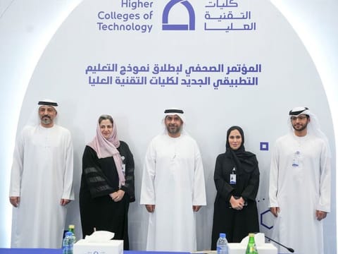L to R: Dr. Khalid Alhammadi, HCT System Registrar & Executive Director of the Sharjah Campuses, Ms. Hind Al Mualla, HCT Vice President of Employability & Knowledge Economy, Dr. Faisal Alayyan, HCT President & CEO, Ms. Sumaya Abdulaziz Al Hosani, HCT Vice President of Strategy and Future and Khalid Al Noaimi, Acting Director, HCT Communication Department