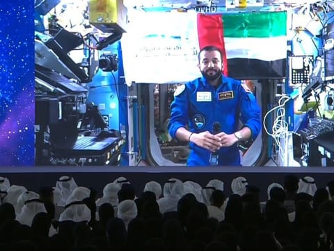 UAE astronaut Sultan Al Neyadi, talking to students gathered at his hometown Al Ain on his birthday from the International Space Station (ISS) on Tuesday