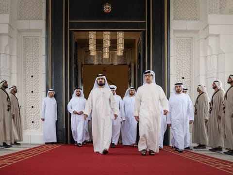 His Highness Sheikh Mohammed bin Rashid Al Maktoum, Vice-President and Prime Minister of the UAE and Ruler of Dubai, with Sheikh Mansour bin Zayed Al Nahyan, Vice President and Deputy Prime Minister of UAE, and Minister of the Presidential Court.