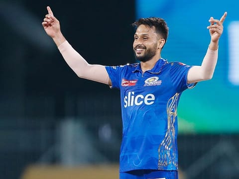 Mumbai Indians' Akash Madhwal celebrates a wicket during the IPL eliminator match against Lucknow Super Giants, at MA Chidambaram Stadium, in Chennai on Wednesday.