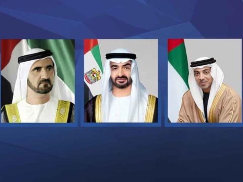 President His Highness Sheikh Mohamed bin Zayed Al Nahyan (centre), His Highness Sheikh Mohammed bin Rashid Al Maktoum, Vice-President and Prime Minister of the UAE and Ruler of Dubai (left), and Sheikh Mansour bin Zayed Al Nahyan, Vice President, Deputy Prime Minister and Minister of the Presidential Court.