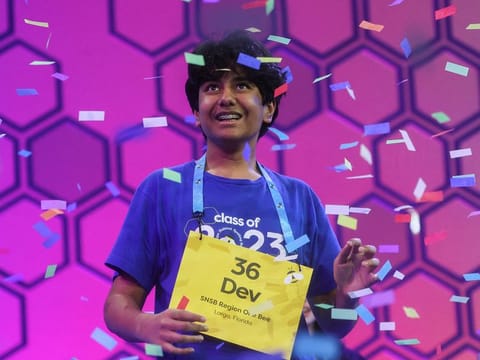 Dev Shah, 14, reacts after winning the Scripps National Spelling Bee competition in National Harbor, Maryland.