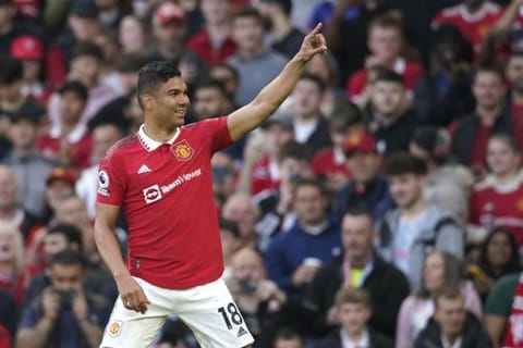 Manchester United's Casemiro celebrates after scoring his side's opening goal during the English Premier League against Chelsea.