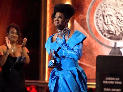 J. Harrison Ghee accepts the award for best performance by an actor in a leading role in a musical for "Some Like It Hot" at the 76th annual Tony Awards on Sunday, June 11, 2023, at the United Palace theater in New York.
