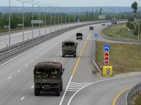 A military column of Wagner private mercenary group drives along M-4 highway, which links the capital Moscow with Russia's southern cities, near Voronezh, Russia, June 24, 2023.