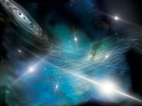 An artistic interpretation of an array of pulsars being affected by gravitational ripples produced by a supermassive black hole binary in a distant galaxy, in this handout image released June 28, 2023.