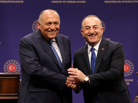 Turkish Foreign Minister Mevlut Cavusoglu and Egyptian Foreign Minister Sameh Shoukry during a news conference in Ankara on April 13, 2023.