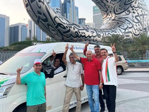 The six expats with their customised 13-seater vehicle ahead of their 45-day trip from Dubai: Jaikishen Muralidhar (Jacky) Mordani, Devidas Murlidhar Mordani, Joshi Naishadhkumar Mukundrai, Doulat Gul Aswani, Manoj Gurmukhdas Takhtani and Lachman Gul Aswani.
