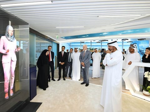 The Emirates Group’s Innovation Majlis was unveiled by Sheikh Ahmed bin Saeed Al Maktoum, Chairman and Chief Executive Emirates Airline and Group with other senior leaders at its Dubai headquarters. Seen here is the 3D holographic display with generative AI. Also seen in the photo is Emirates President Tim Clark.