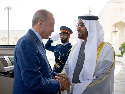 Sheikh Mohamed bin Zayed (R), receives Recep Tayyip Erdogan, President of Turkey (L), during an official reception at Qasr Al Watan.