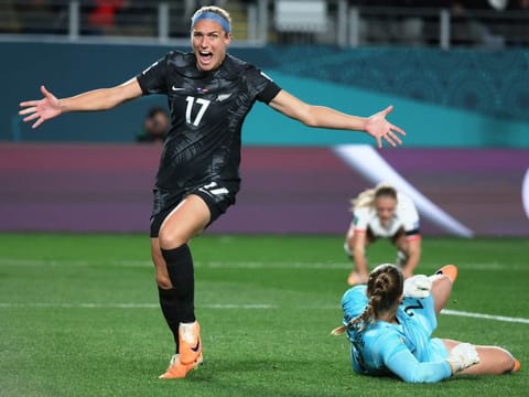 New Zealand's forward Hannah Wilkinson celebrates scoring her team's only goal during the 2023 Women's World Cup Group A match against Norway at Eden Park in Auckland on Thursday.