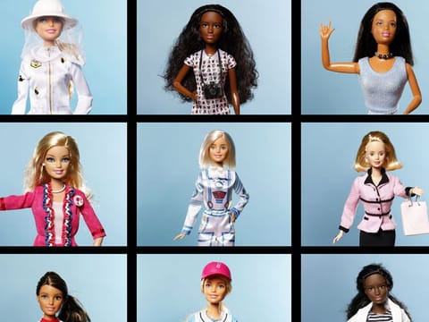Beekeeper Barbie, Pet Photographer Barbie and Sign Language Barbie. MIDDLE ROW FROM LEFT: President Barbie, Astronaut Barbie and Avon Representative Barbie. BOTTOM ROW FROM LEFT: Chef Barbie, Baseball Player Barbie and Doctor Barbie.