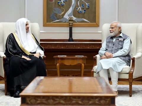 Muslim World League Secretary General Sheikh Dr Mohammed bin Abdulkarim Al-Issa meets India's Prime Minister Narendra Modi, in New Delhi