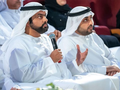 Sheikh Mohammed bin Hamad bin Mohammed Al Sharqi, Crown Prince of Fujairah (L), on Tuesday interacts with Sultan Al Neyadi during “Call from Space” event