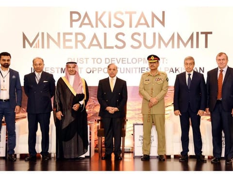 Pakistan Prime Minister Shehbaz Sharif (centre) along with Pakistan Army Chief General Syed Asim Munir, Saudi Vice Minister for Mining Affairs Engineer Khalid bin Saleh Al Mudaifer and other foreign dignitaries at Pakistan Mineral Summit held in Islamabad on August 1, 2023.