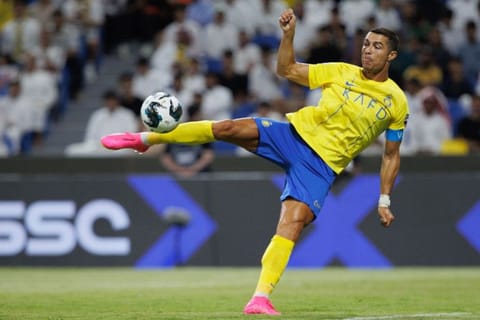 Al Nassr's Portuguese forward Cristiano Ronaldo in action during the 2023 Arab Club Champions Cup group C match against Al Shabab at the King Fahd Stadium in Taif on July 28.