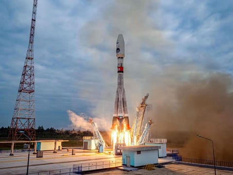 In this handout picture taken and released by the Russian Space Agency Roscosmos on August 11, 2023, a Soyuz 2.1b rocket with the Luna-25 lander blasts off from the launch pad at the Vostochny cosmodrome, some 180 km north of Blagoveschensk, in the Amur region