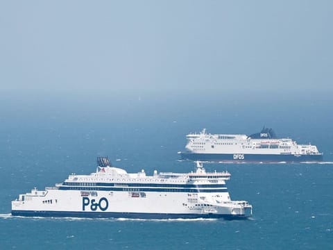 P&O and DFDS ferries sail on the English Channel, on August 12, 2023. Five French ships and a helicopter, as well as two British vessels, were involved in the rescue operation while some passengers were still missing, and about 50 migrants were rescued, some of them by the British vessels, the authorities said.
