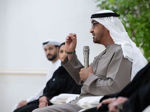 UAE President His Highness Sheikh Mohamed bin Zayed Al Nahyan speaks during a meeting with the team overseeing the 28th Conference of the Parties to the United Nations Framework Convention on Climate Change (COP28), at the Sea Palace.