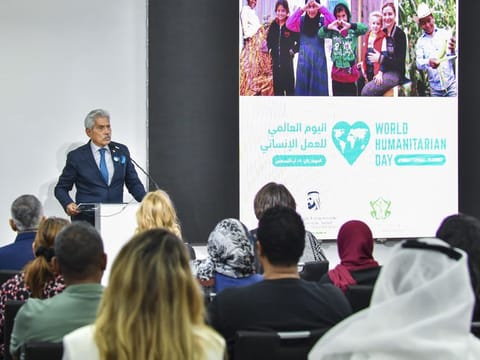 Giuseppe Saba, CEO of IHC, speaking at an event held at Dubai’s International Humanitarian City (IHC) on Friday to observe World Humanitarian Day 2023.