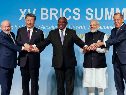 From left, Brazil's President Luiz Inacio Lula da Silva, China's President Xi Jinping, South Africa's President Cyril Ramaphosa, India's Prime Minister Narendra Modi and Russia's Foreign Minister Sergei Lavrov pose for a BRICS group photo during the 2023 BRICS Summit at the Sandton Convention Centre in Johannesburg, South Africa, Wednesday, Aug. 23, 2023.