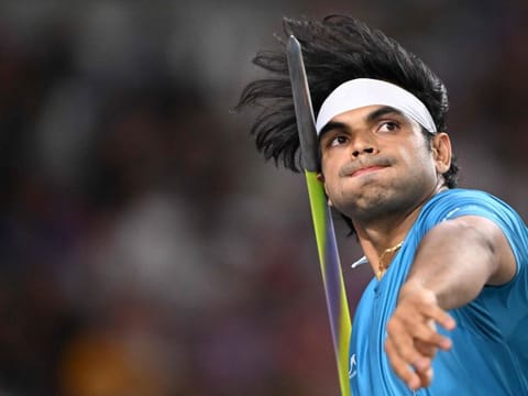 India's Neeraj Chopra competes in the men's javelin throw final during the World Athletics Championships in Budapest on Sunday.