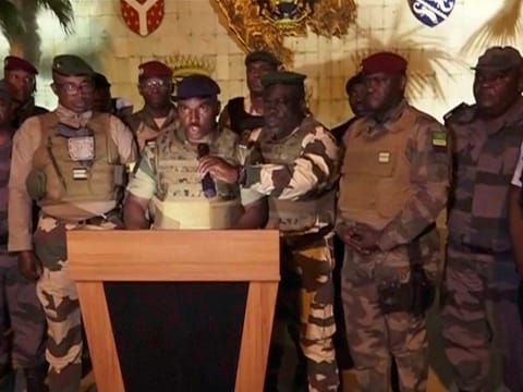 This video grab shows the spokesperson for military speaking on state television as they announce that they had seized power in Libreville, Gabon Aug. 30, 2023. Army in Gabon said Wednesday they were overturning the results of a presidential election that was to extend the Bongo family's 55-year hold on power