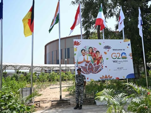 A security personnel stands guard near the G20 venue in New Delhi on September 4, 2023.