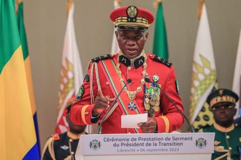 General Brice Oligui Nguema speaks as he is inaugurated as Gabon's interim President, in Libreville on September 4, 2023.