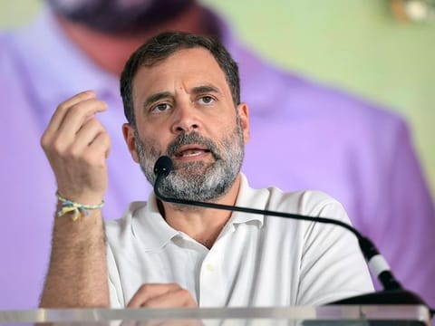 Congress leader Rahul Gandhi addresses his party workers