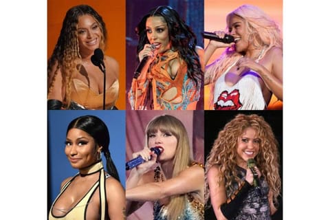 All female nominees for artist of the year for the MTV Video Music Awards (top row from left) Beyonce, Doja Cat, Karol G. (bottom row from left) Nicki Minaj, Taylor Swift and Shakira.