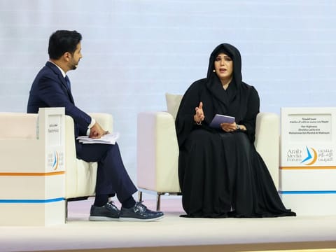 Sheikha Latifa bint Mohammed bin Rashid Al Maktoum, Chairperson of Dubai Culture and Arts Authority, during a session on 'Culture And Media: Crafting a Creative Vision for the Future', with moderator Faisal bin Huraiz on the second day of Arab Media Forum