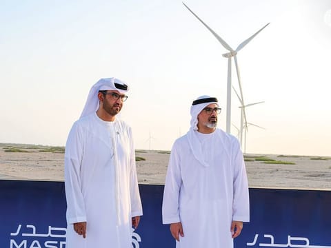 Sheikh Khaled bin Mohamed bin Zayed Al Nahyan, Crown Prince of Abu Dhabi with Dr Sultan Al Jaber, UAE Minister of Industry and Advanced Technology, COP28 President-Designate and Chairman of Masdar.