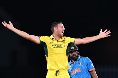 Australia's Josh Hazlewood celebrates the wicket of India's captain Rohit Sharma during the World Cup at the MA Chidambaram Stadium in Chennai on Sunday.