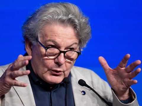 French European commissionier Thierry Breton gestures as he delivers a speech during the MoDem summer university in Guidel, western France.