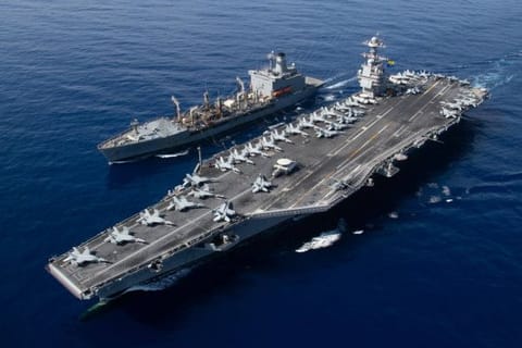 The world's largest aircraft carrier USS Gerald R. Ford sails during a fueling-at-sea operation in the eastern Mediterranean Sea. US President Joe Biden dispatched the carrier and its fleet to the region in a show of support for Israel.