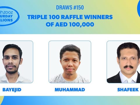The three lucky winners of the 150th Mahzooz Draw in Dubai.