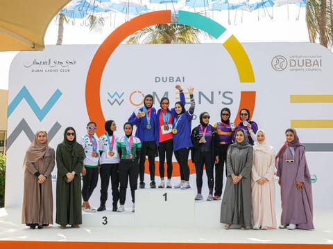 The winners of the Dubai Women's Triathlon at the Dubai Ladies Club on Sunday.