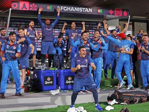 Afghanistan players celebrate their team’s victory against Pakistan in the ICC Men's Cricket World Cup 2023 at the MA Chidambaram Stadium in Chennai, India, on October 23, 2023. This was their second victory in the tournament, having defeated champions England earlier.