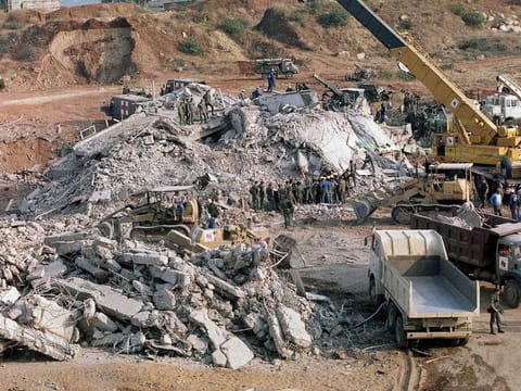 The scene of a truck bombing on October 23, 1983, at a US Marine base near Beirut Airport that resulted in a huge death toll.